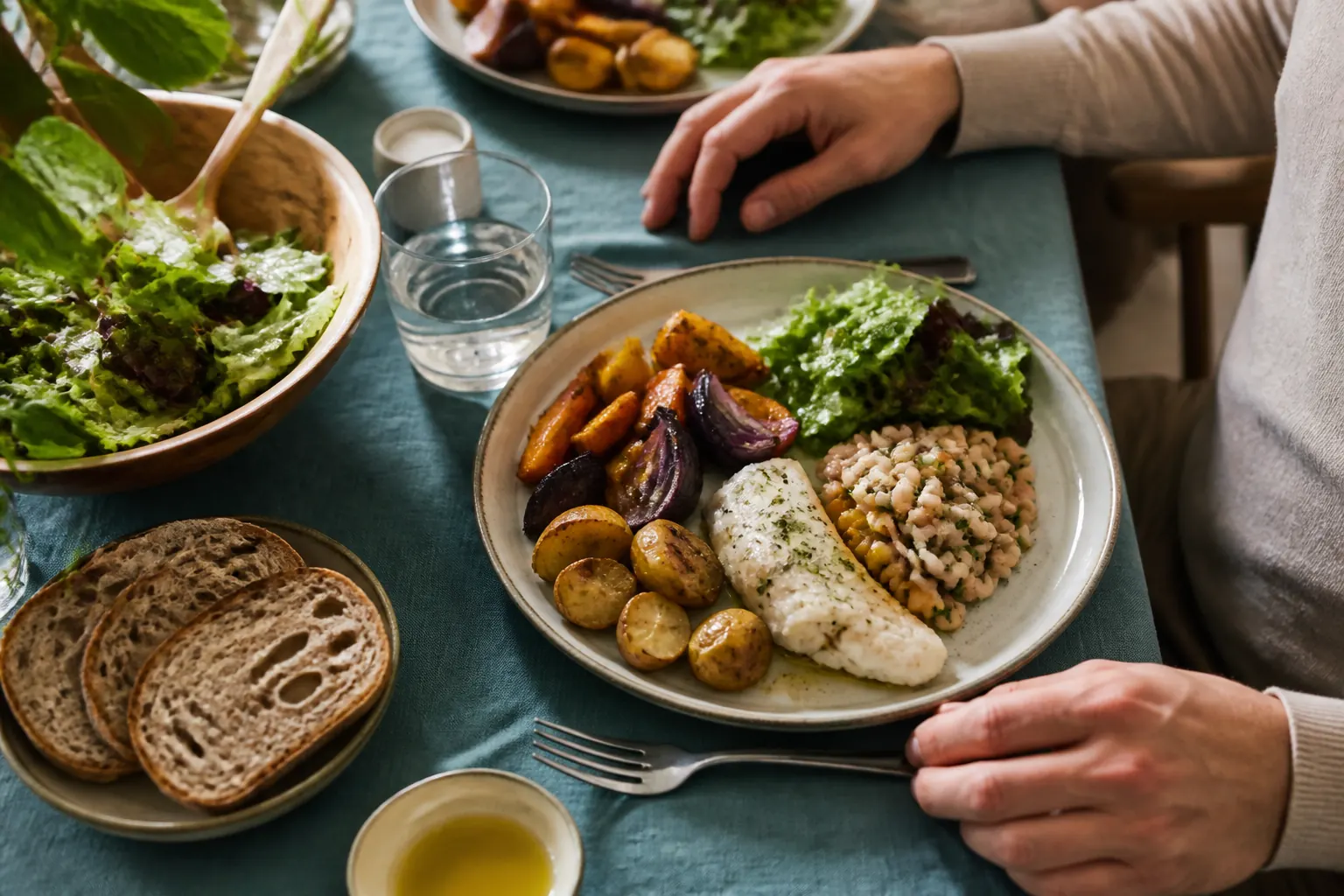 Blandad måltid med grönsaker, fisk, bönor, potatis och bröd på ett dukat bord