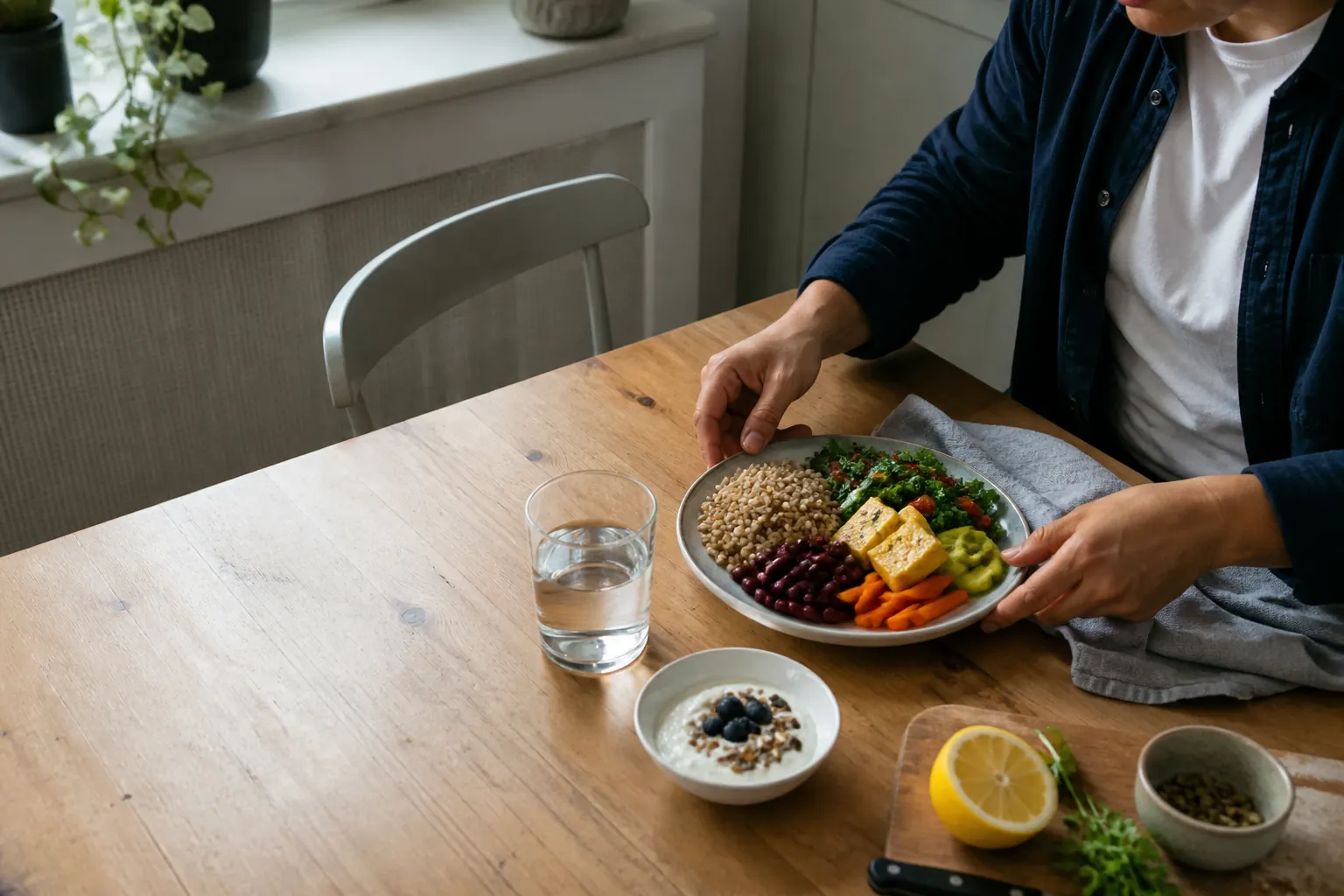 Person ställer fram en måltid med fullkorn, bönor, tofu, grönsaker och yoghurt vid ett köksbord