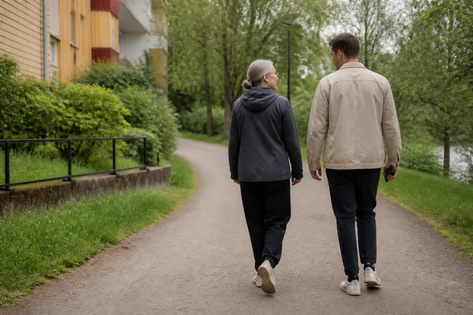 Två vuxna i olika åldrar som promenerar tillsammans på en gångväg