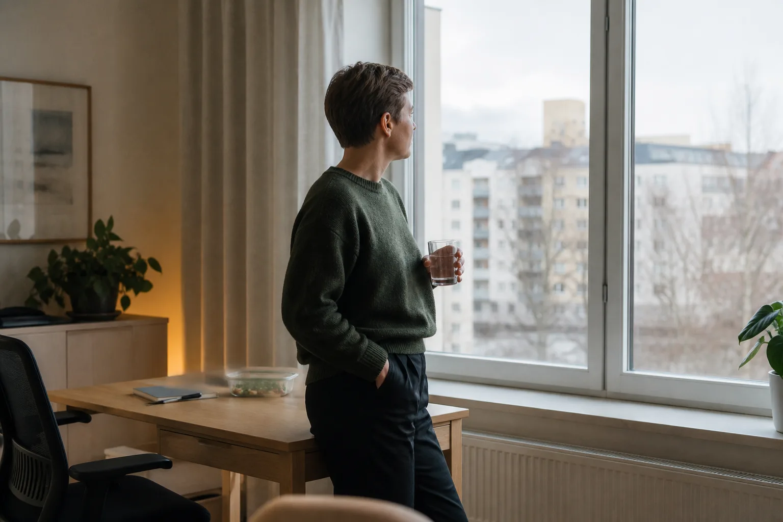 En person tar en kort paus med ett glas vatten vid ett fönster på eftermiddagen