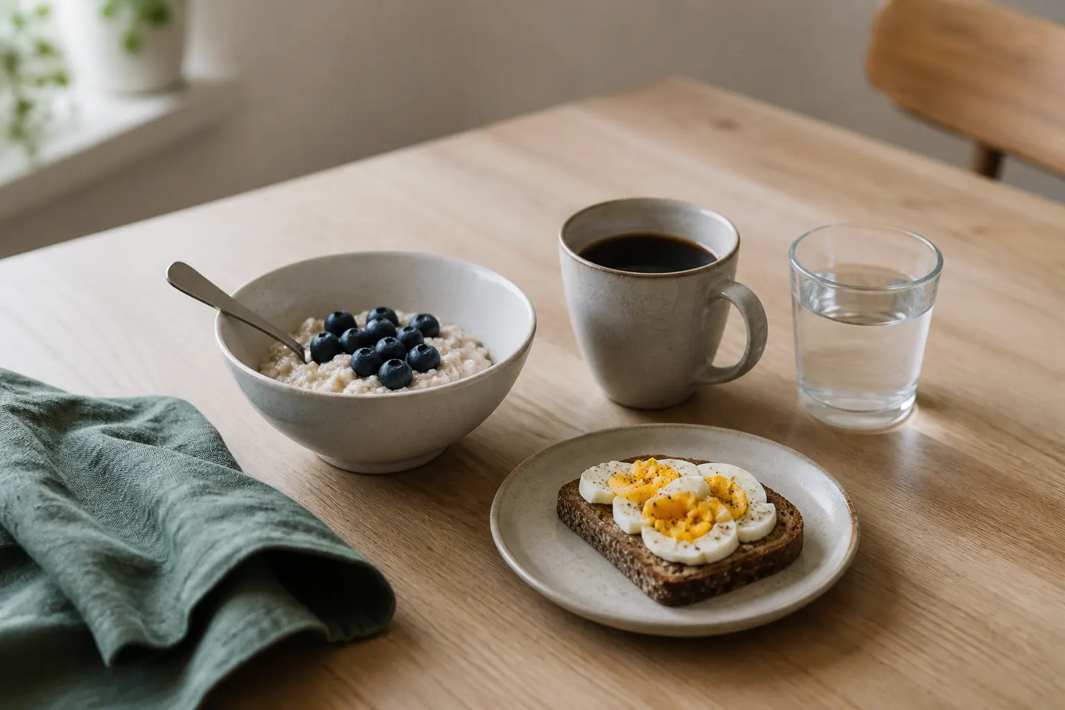 Havregrynsgröt med blåbär, fullkornsbröd med ägg, kaffe och vatten på ett ljust frukostbord