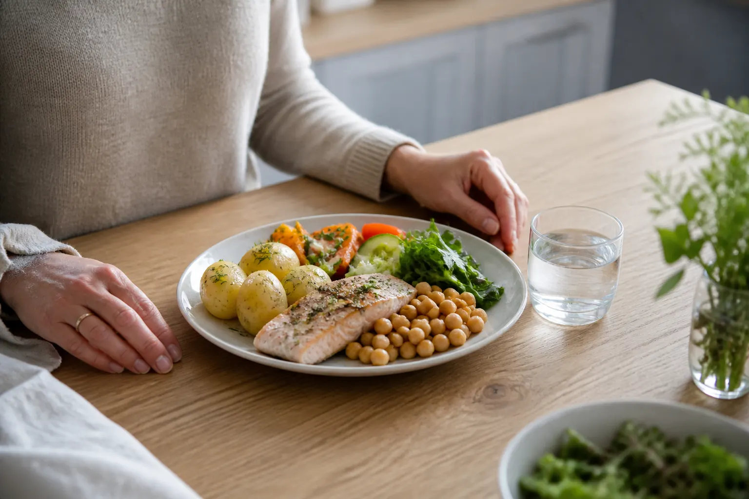 En vardaglig måltid med fisk, kikärter, potatis och grönsaker framför en vuxen person