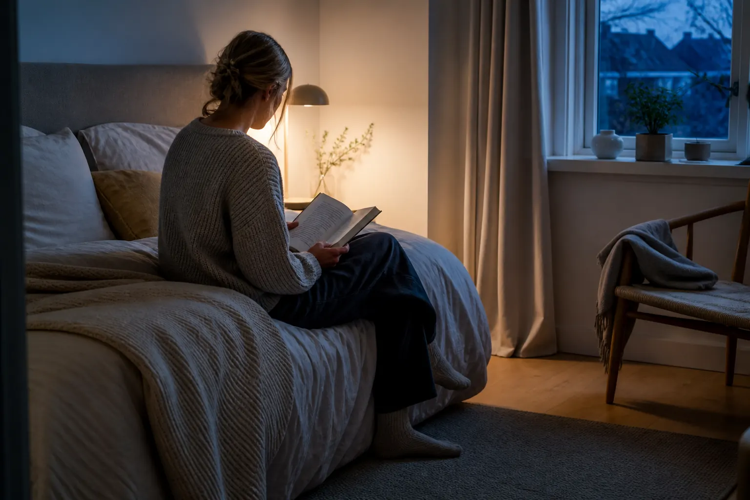 Person läser en bok i ett lugnt sovrum med varm kvällsbelysning