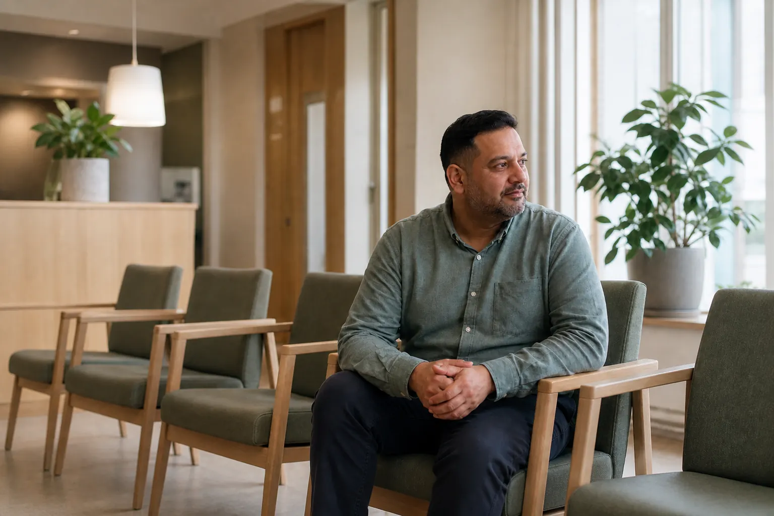 En man sitter i ett lugnt väntrum inför ett vårdbesök
