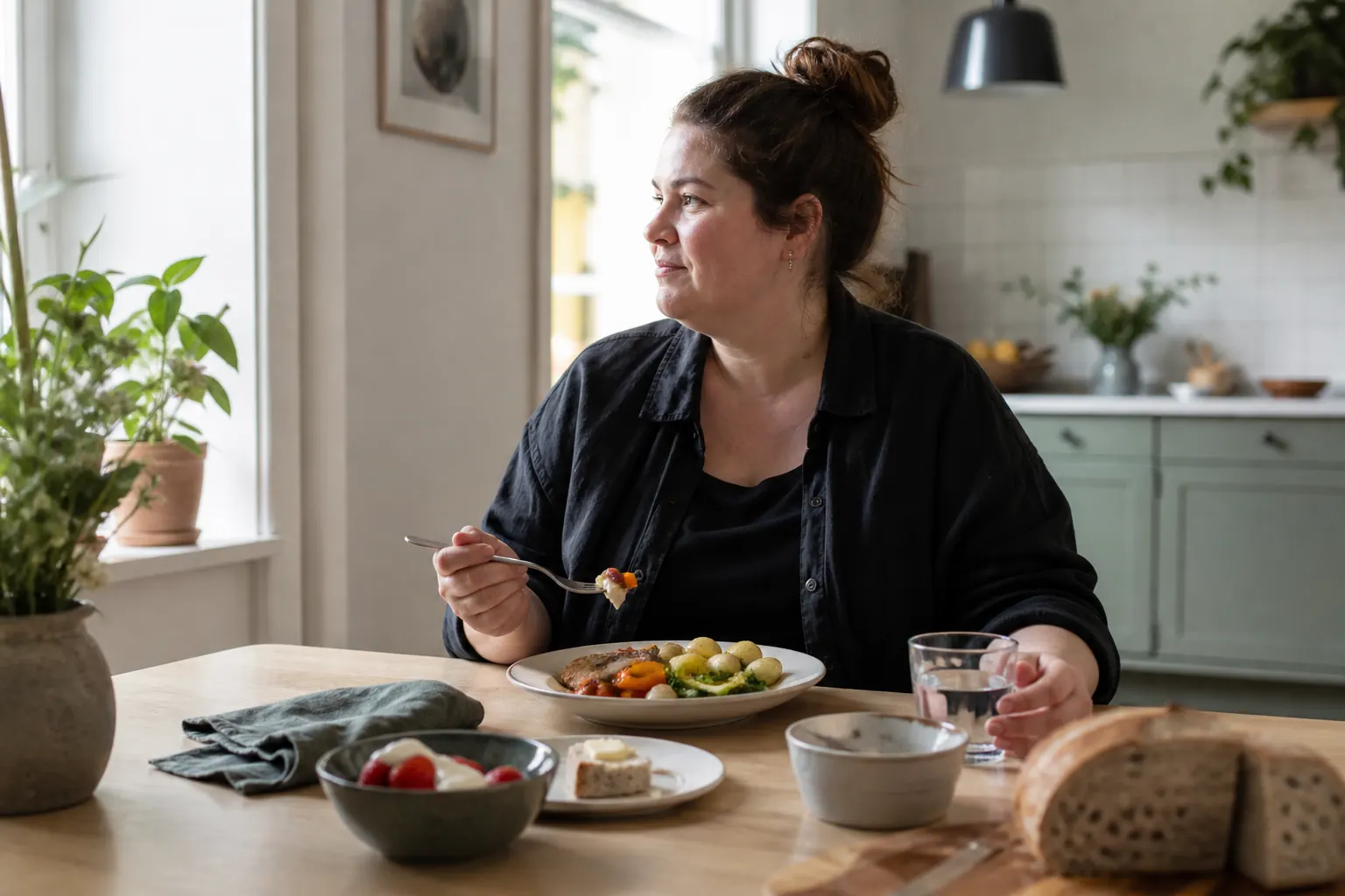 En person sitter avslappnat vid ett köksbord och pausar under en varierad vardagsmåltid