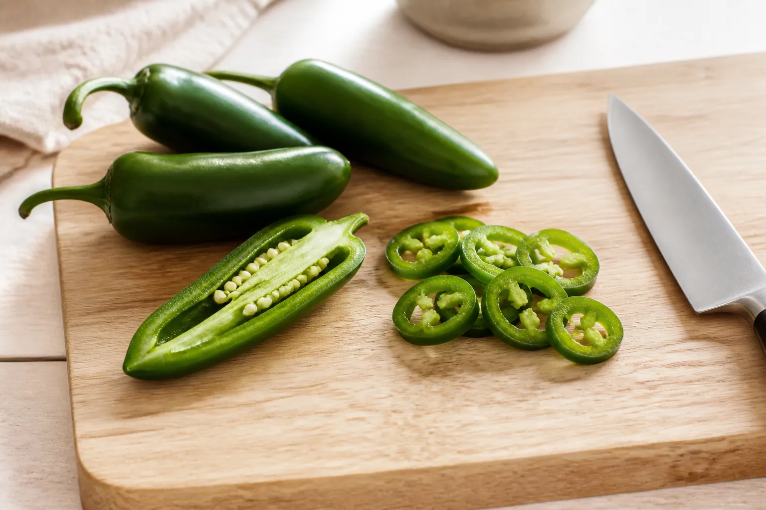 Färska och skivade gröna jalapeños på en ljus skärbräda