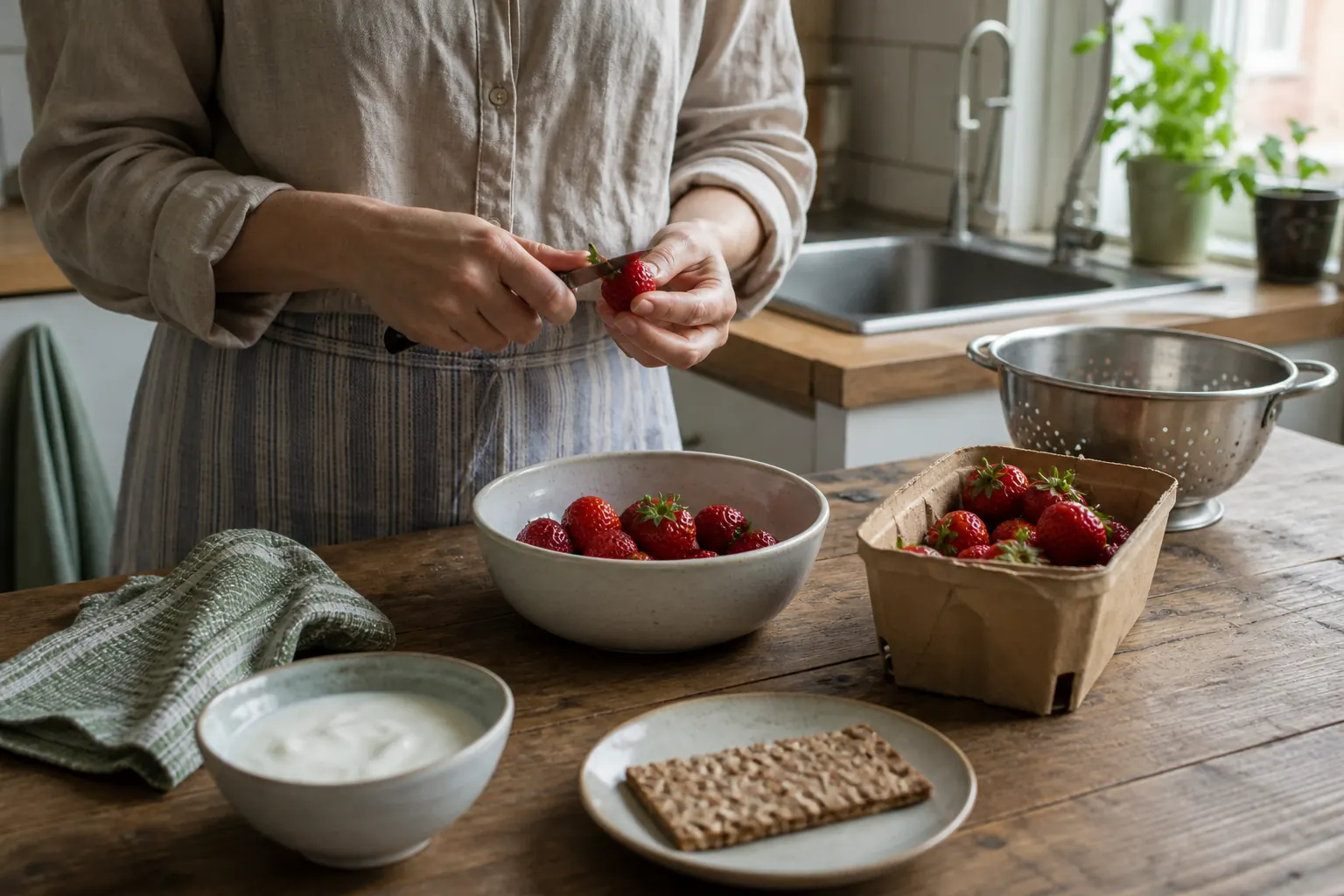 En person ansar jordgubbar vid ett köksbord med skål, durkslag, yoghurt och knäckebröd