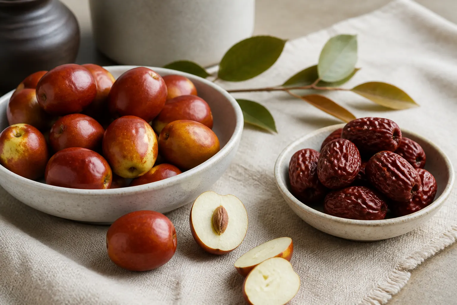 Färska och torkade jujubefrukter i två skålar med en delad frukt och kärna framför