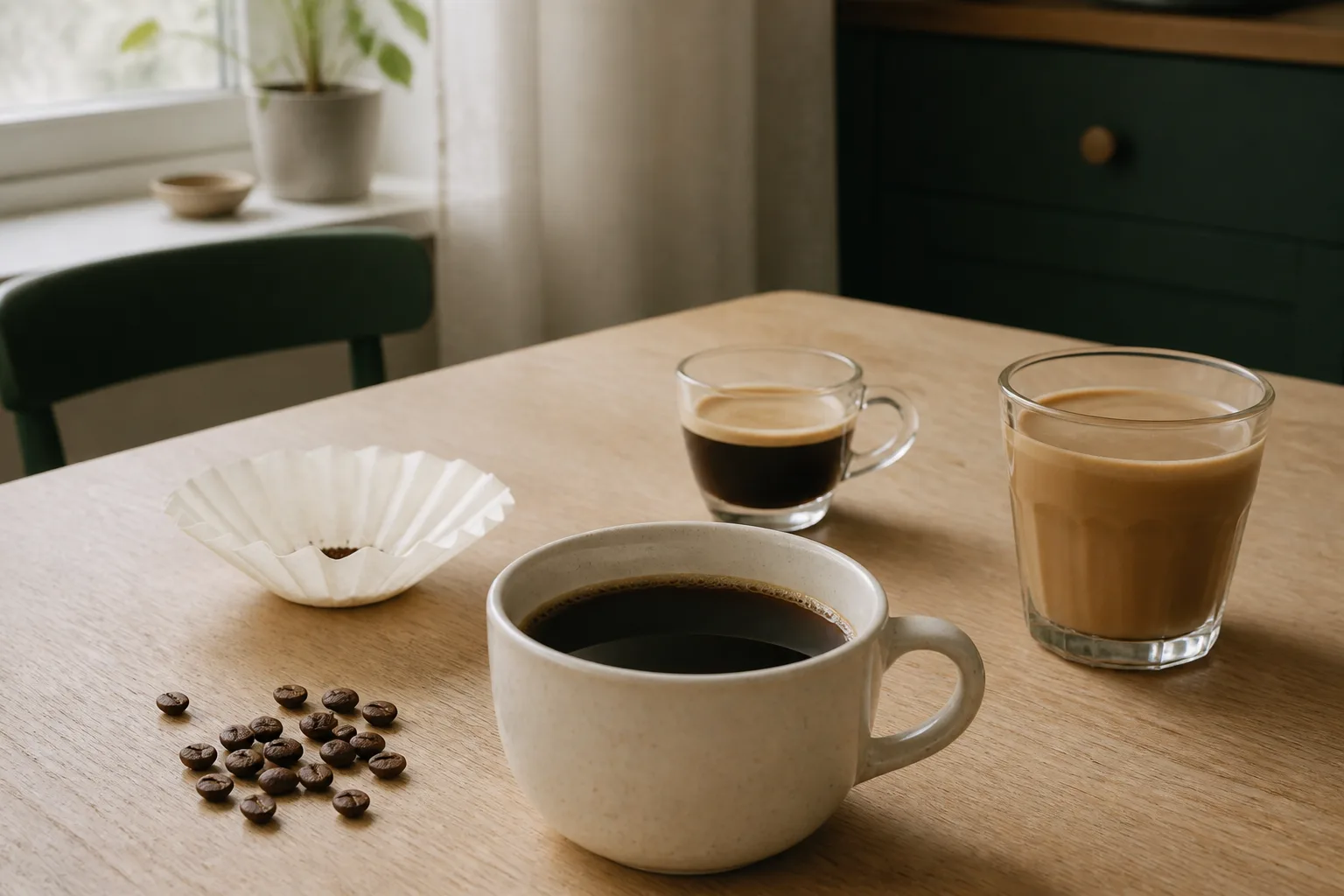 Bryggkaffe, espresso och kaffe med mjölk på ett ljust träbord