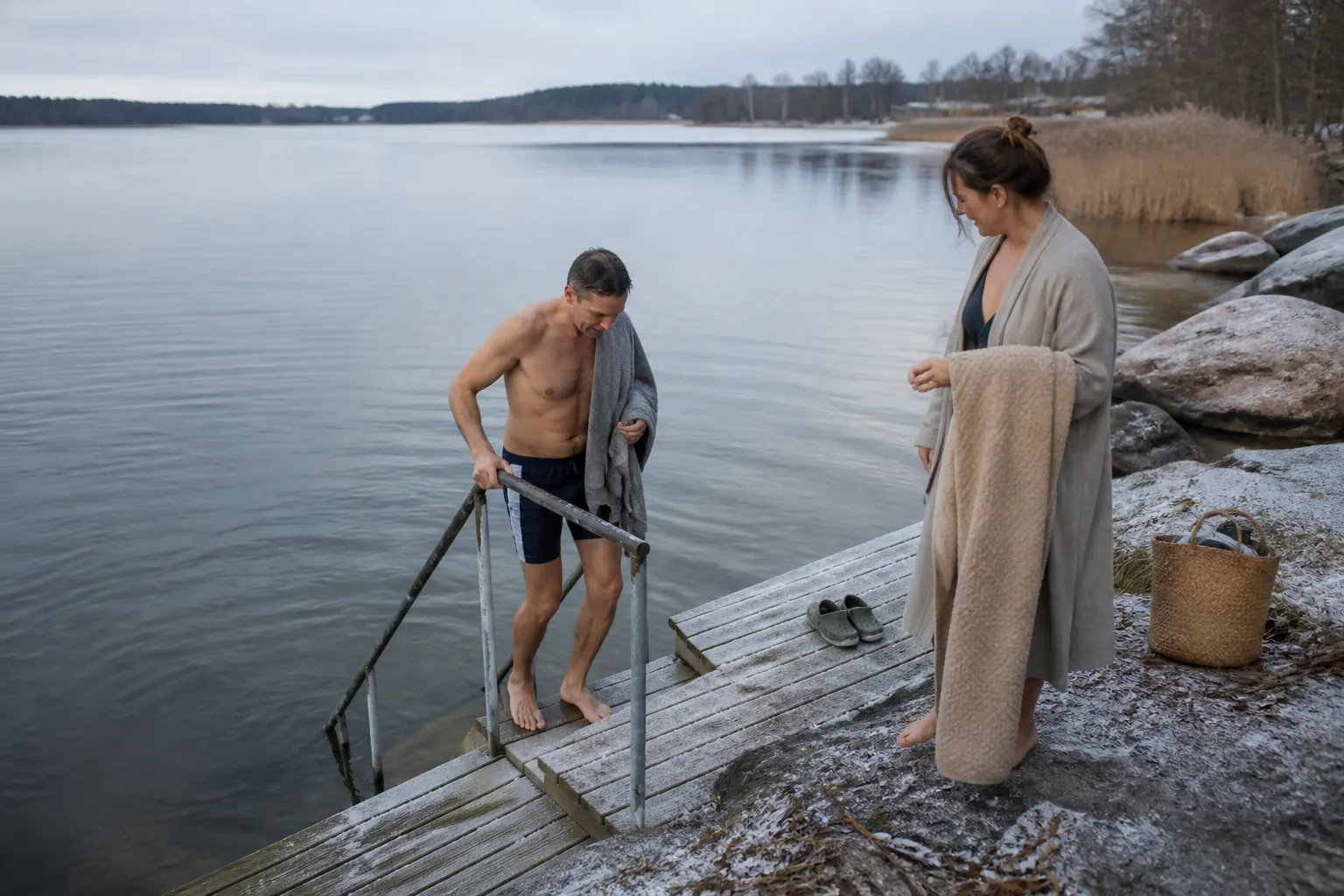 Två vuxna förbereder ett vinterbad tillsammans vid en brygga med ledstång och torra handdukar