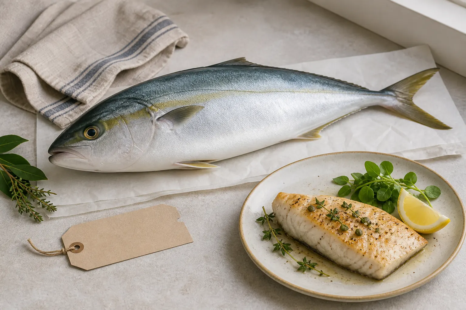 Hel yellowtail-liknande fisk bredvid en enkelt tillagad fiskfilé och en tom etikett