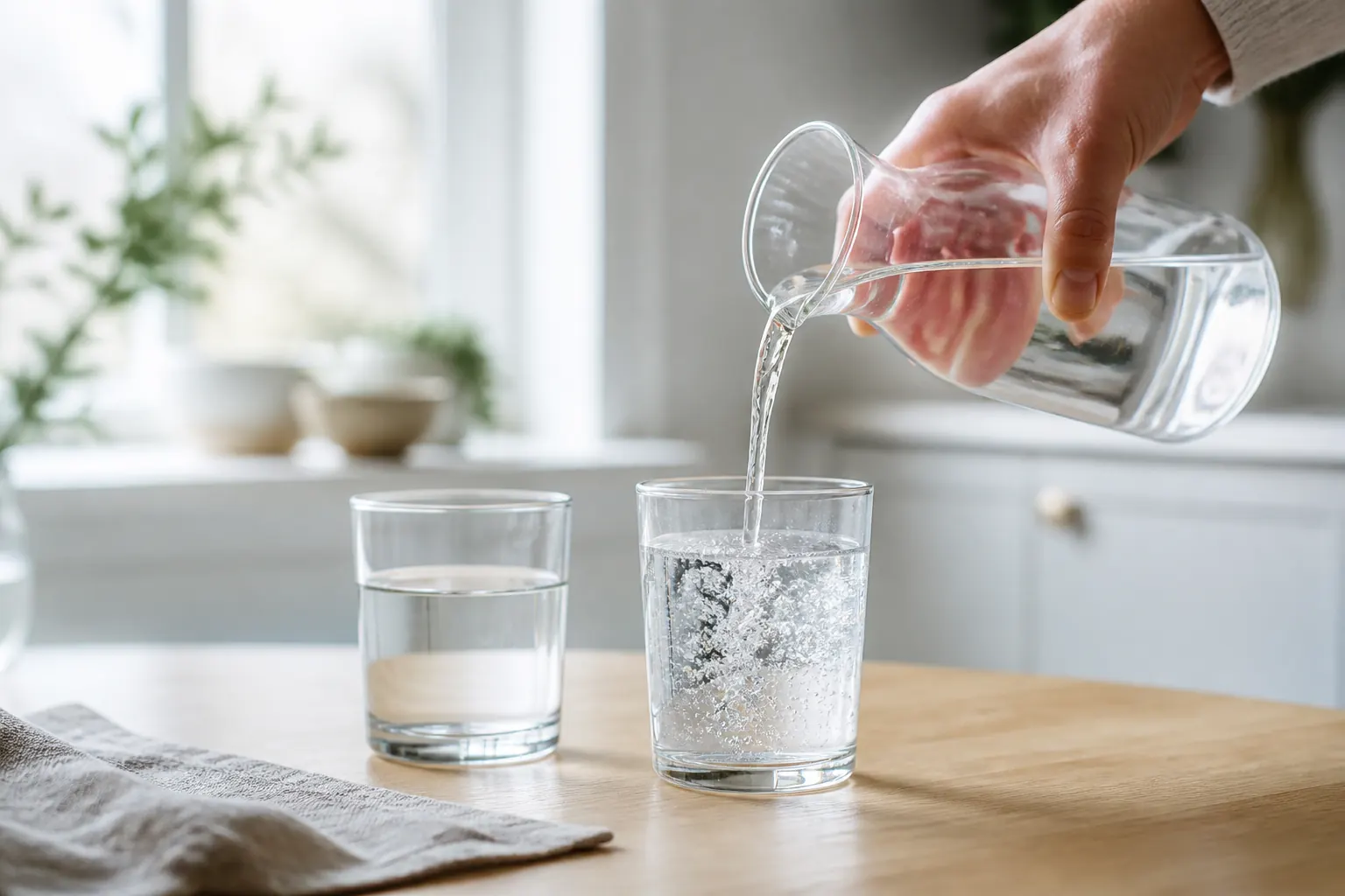 Naturellt kolsyrat vatten hälls från en glaskaraff i ett dricksglas bredvid stilla vatten