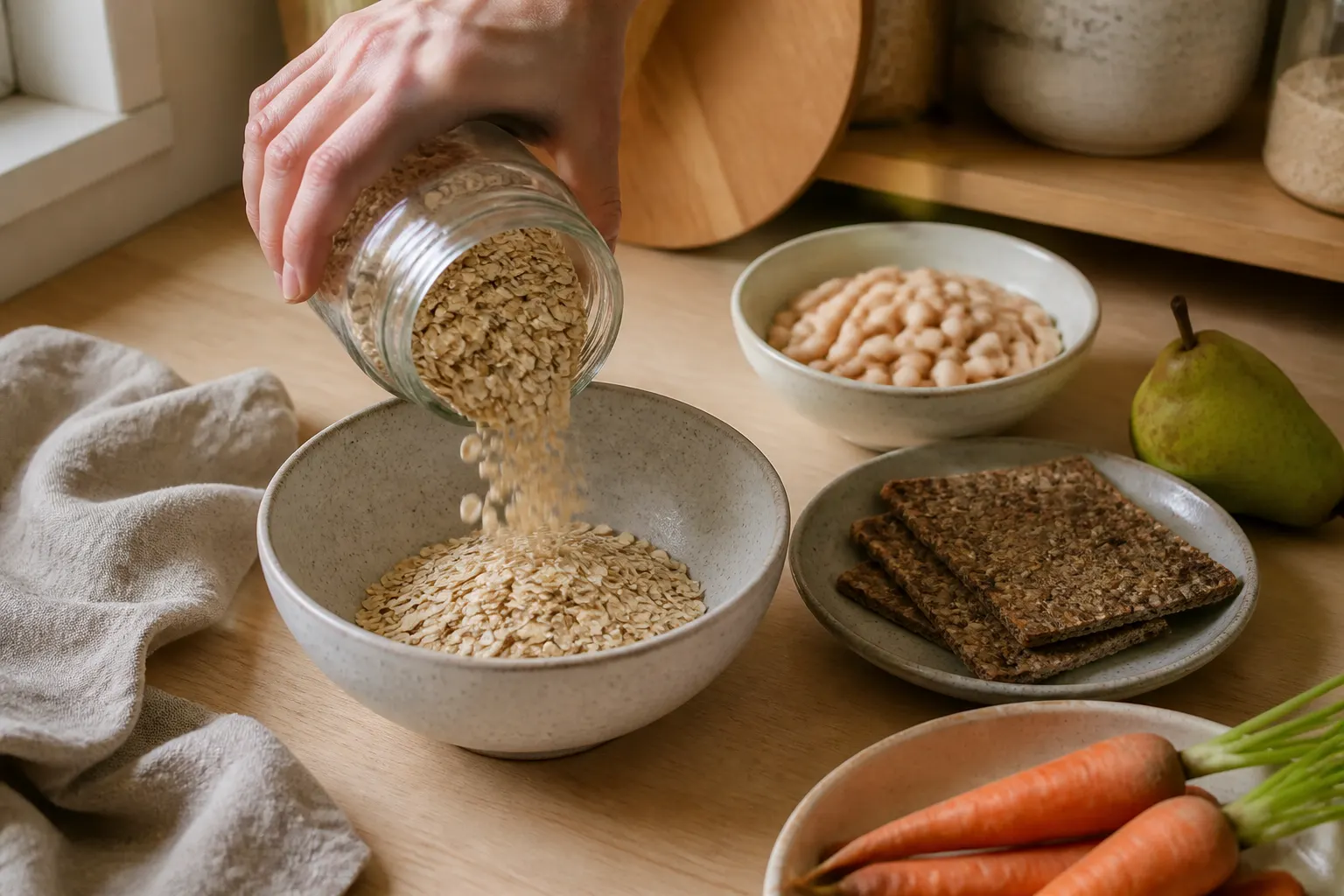 En hand häller havregryn i en skål bredvid bönor, knäckebröd, päron och morötter