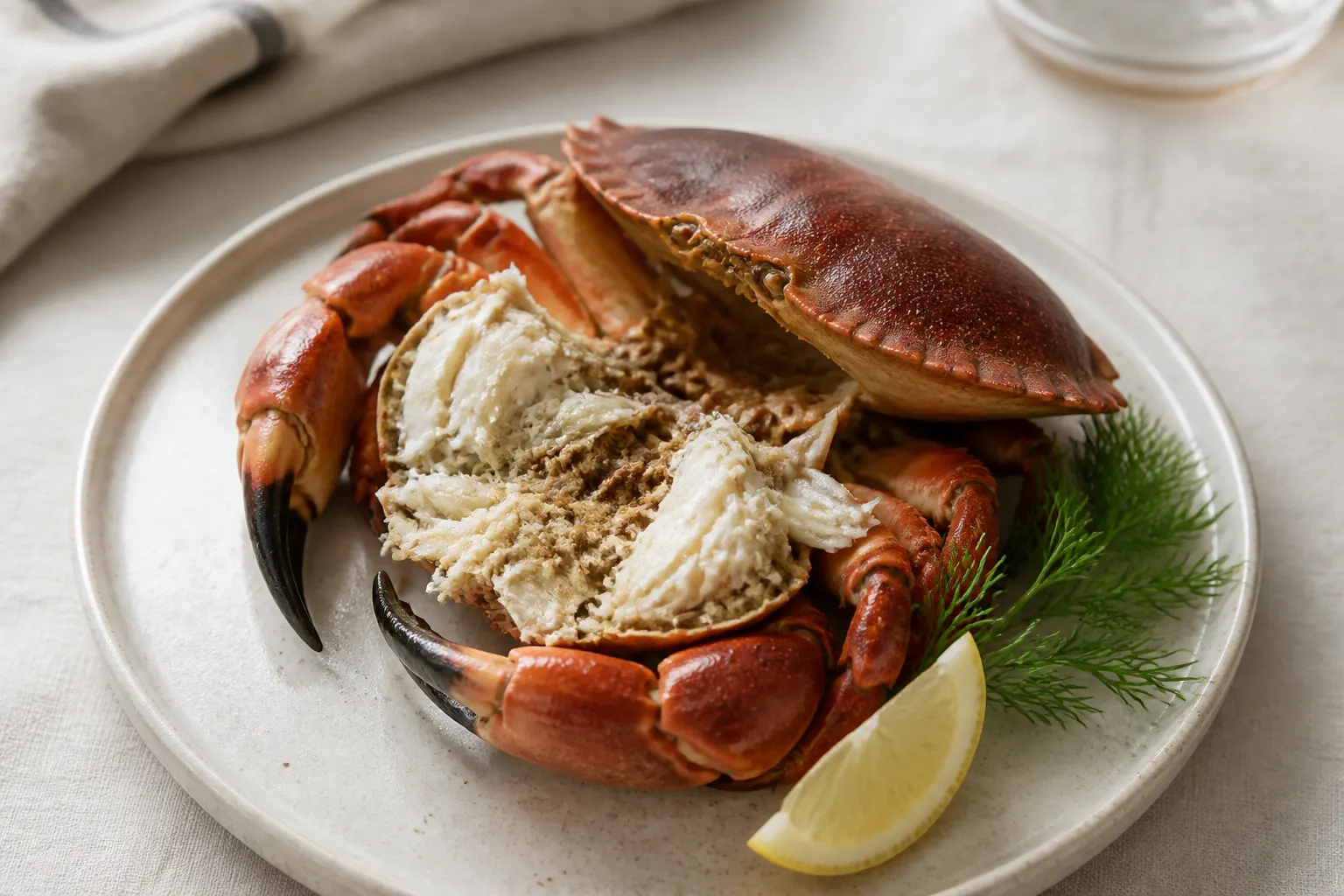 Kokt krabba med synligt krabbkött på en ljus keramisk tallrik