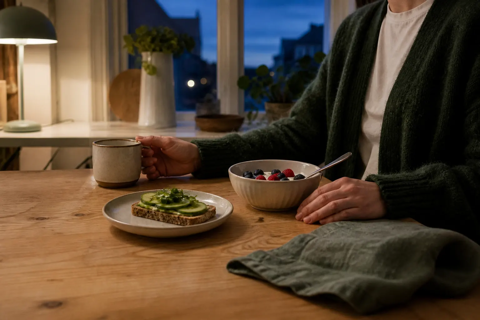 En person sitter vid ett köksbord i skymningen med smörgås, yoghurt och en varm dryck