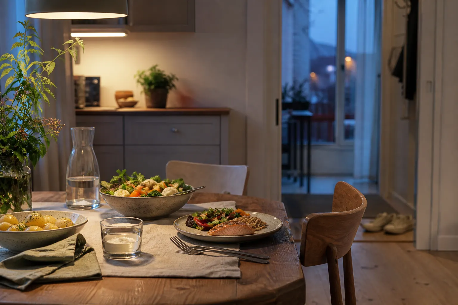 Vanlig middag med lax, grönsaker och potatis i ett nordiskt kök i skymningen