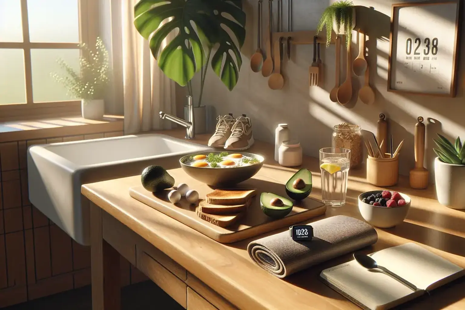 Solljus genom ett fönster på morgonen bredvid en väckarklocka