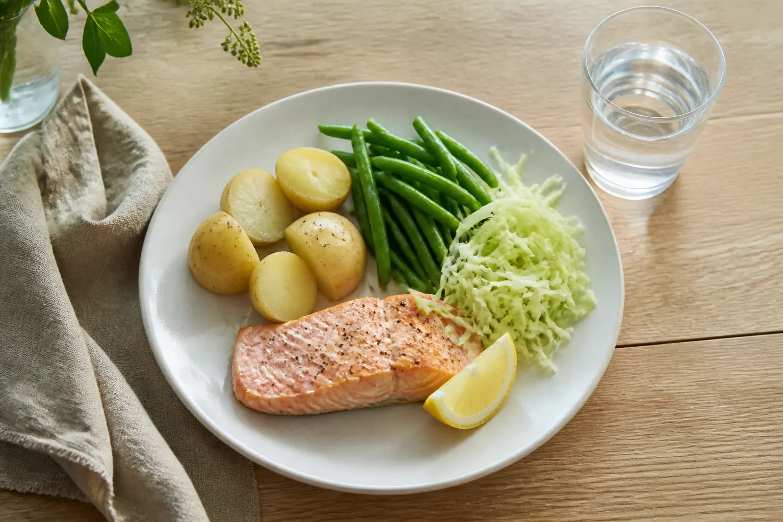 Lunch med lax, potatis, gröna bönor och strimlad kål på ett ljust träbord