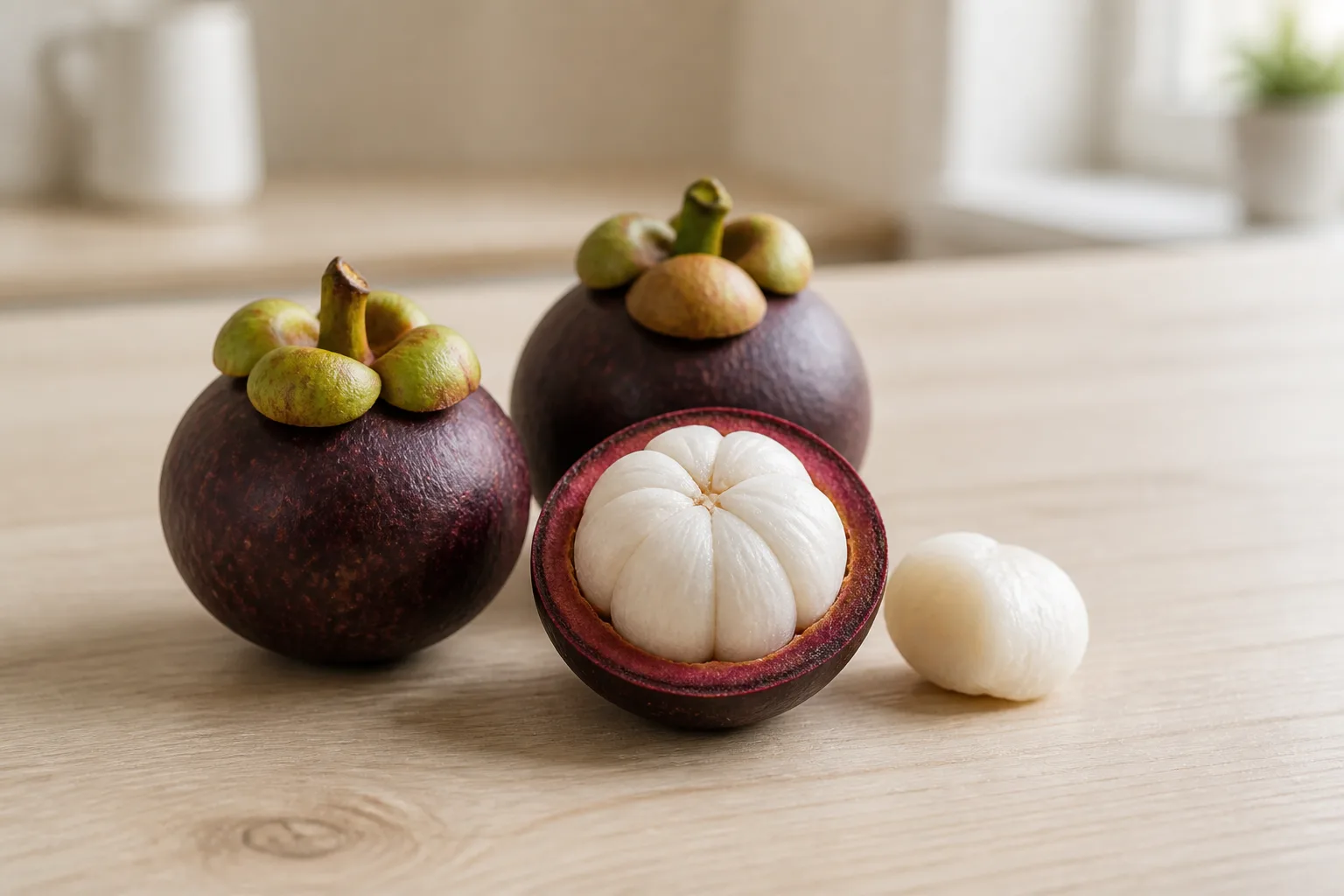 Två hela mangostanfrukter och en öppnad frukt med vita klyftor på ett ljust träbord