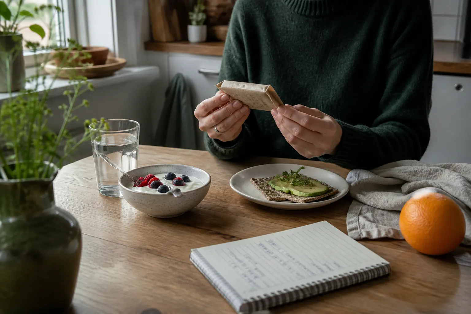 En person läser ingredienslistan på ett mellanmål vid ett köksbord med yoghurt, knäckebröd och frukt