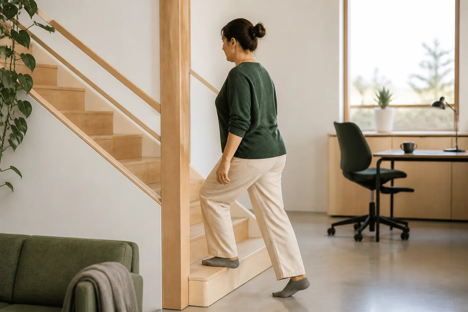 En person tar trappan under en paus från arbetet i ett ljust rum
