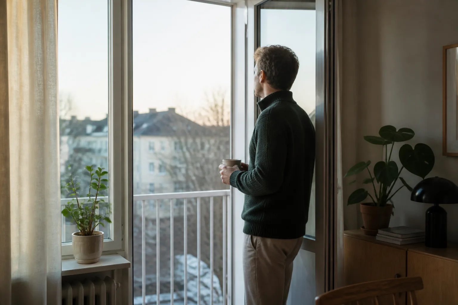 En person står vid en öppen balkongdörr i blekt nordiskt morgonljus