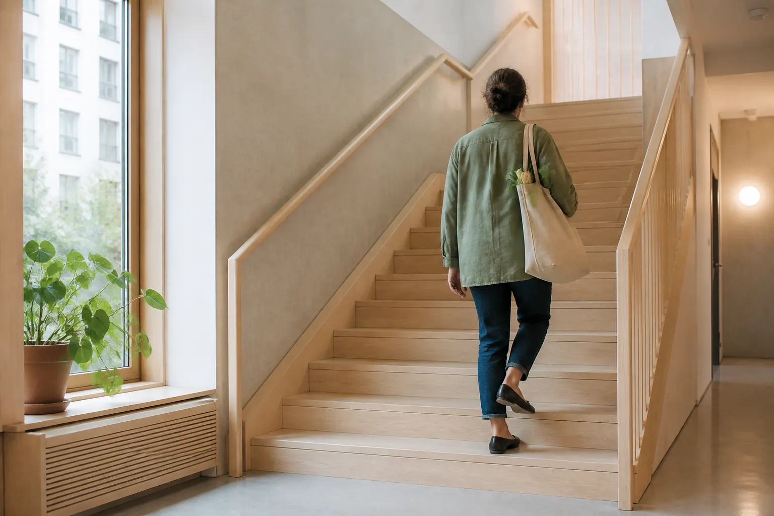 Person med tygkasse går uppför en ljus trätrappa i vardagskläder