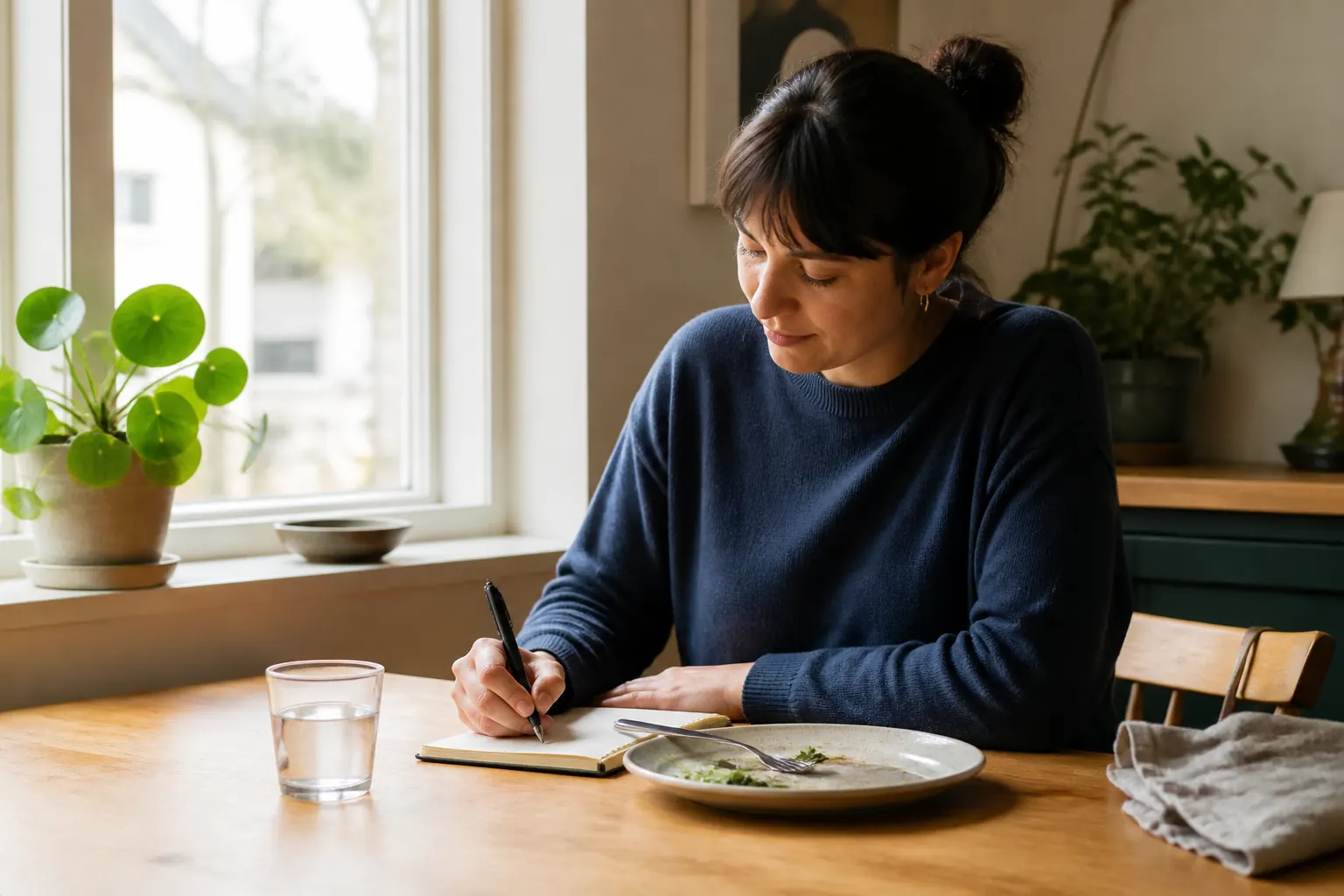 En person skriver i en anteckningsbok efter en måltid vid ett köksbord