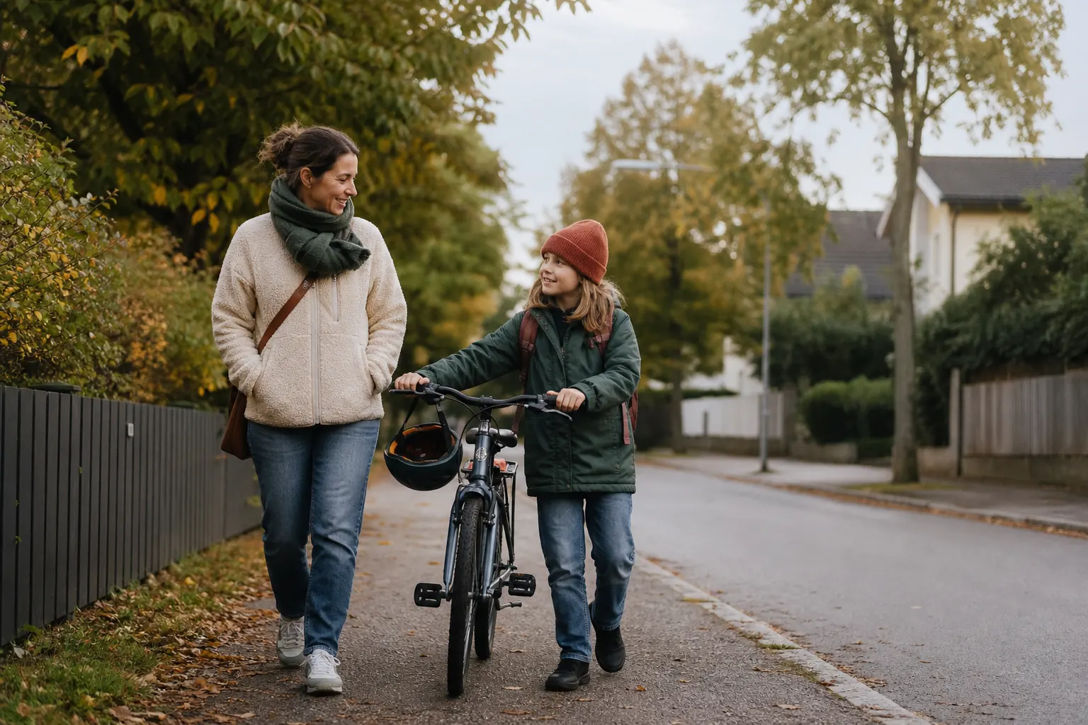 En förälder promenerar tillsammans med ett barn som leder sin cykel på väg genom ett bostadsområde