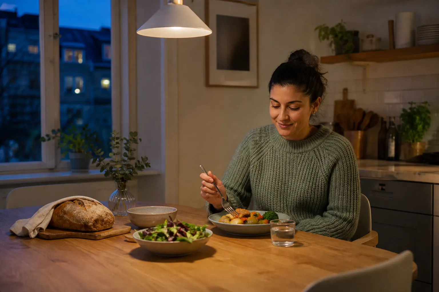 En vuxen äter en vanlig kvällsmåltid vid ett köksbord i skymningen