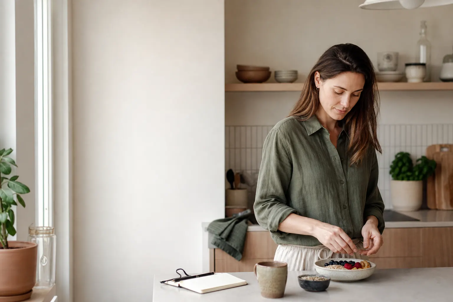 En person förbereder frukost i lugnt tempo i ett ljust kök