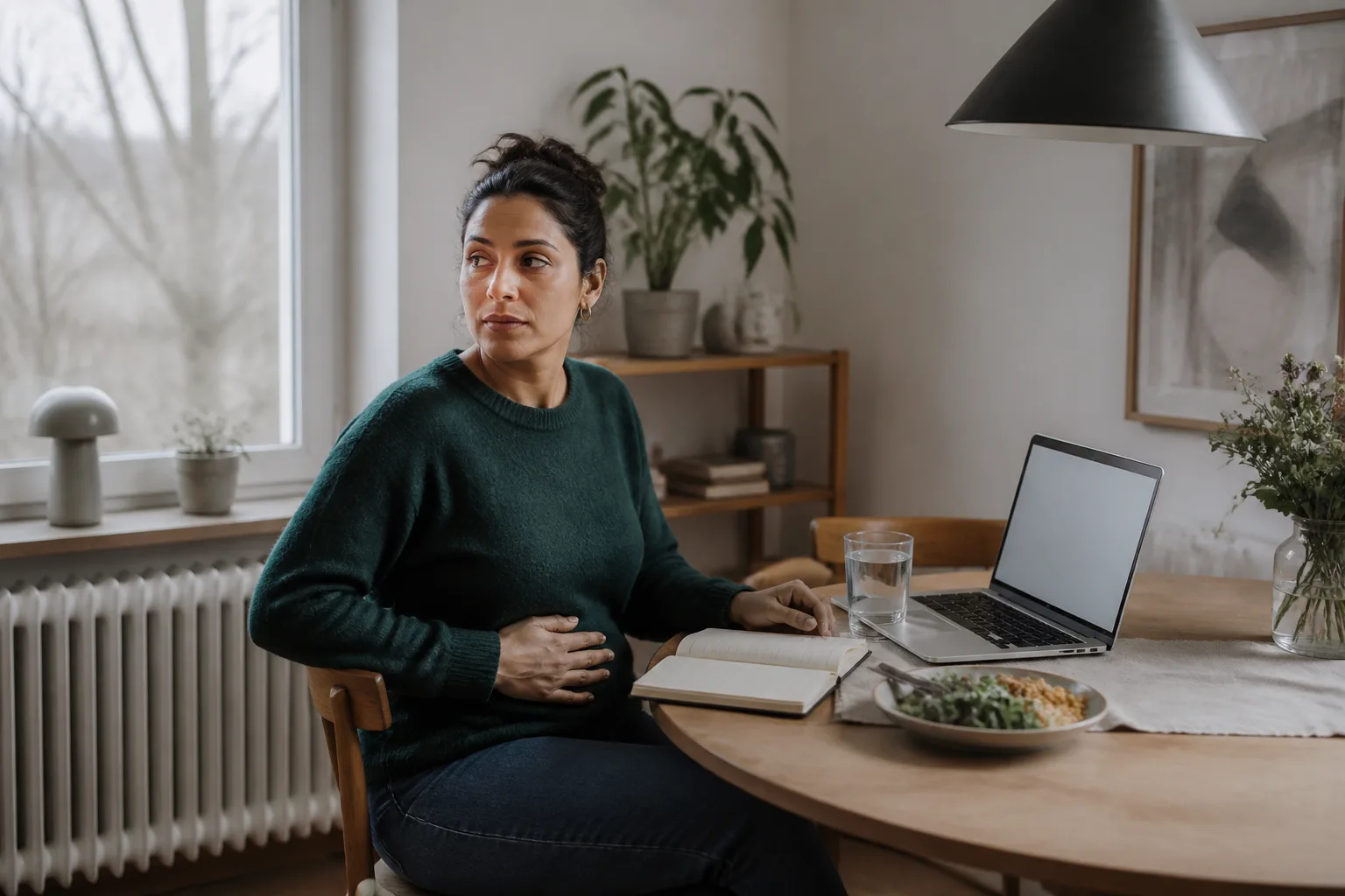 En person tar en eftertänksam paus vid ett arbetsbord efter en måltid