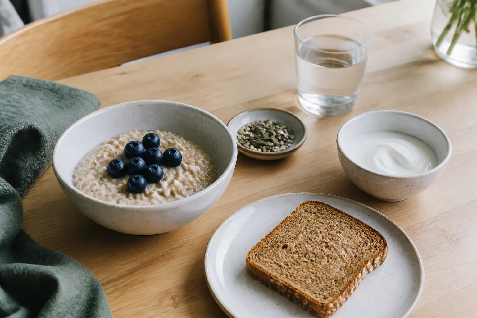 Havregrynsgröt med blåbär, yoghurt, frön, fullkornsbröd och vatten på ett frukostbord