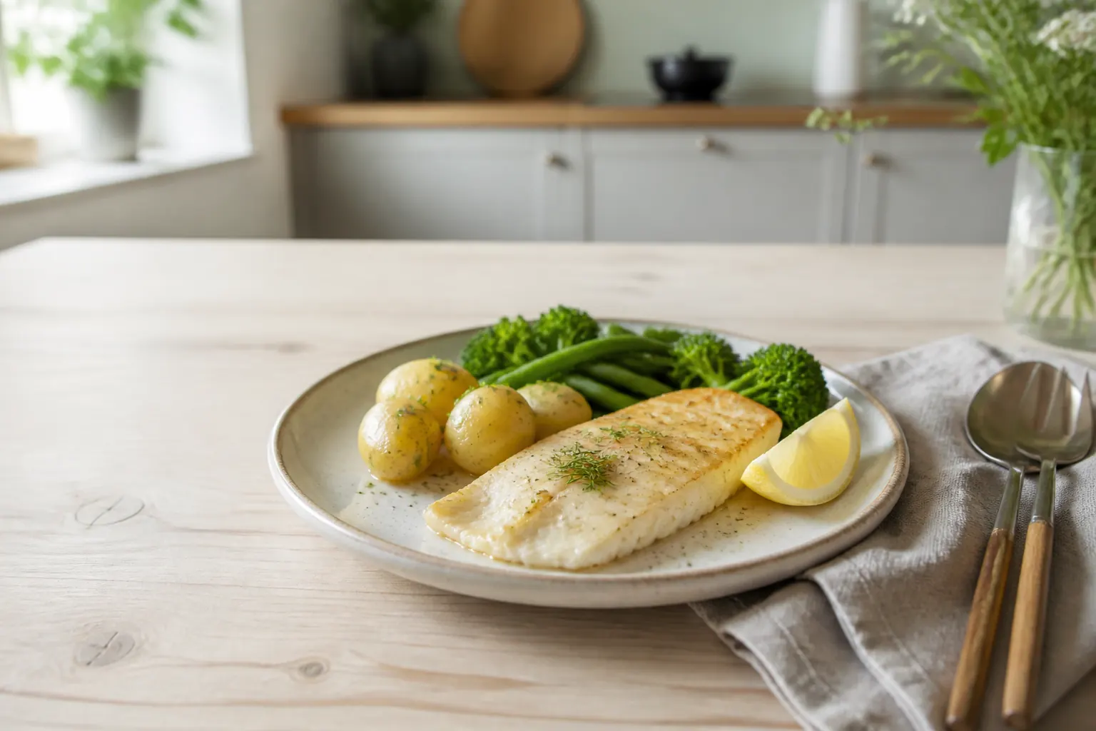 Tillagad vit fisk med potatis, gröna grönsaker och citron på en keramisk tallrik