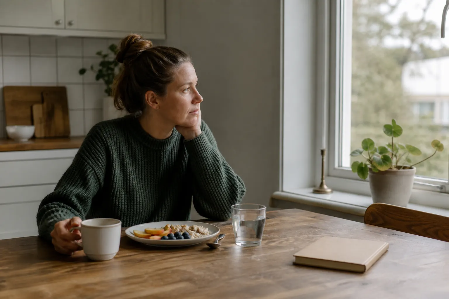 En person sitter vid ett köksbord med frukost och blickar ut genom fönstret