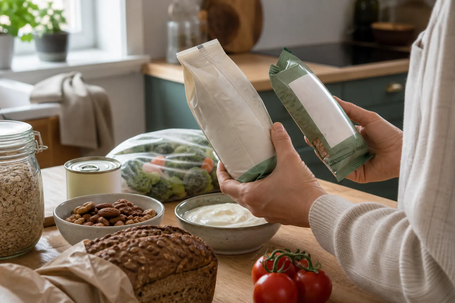 Person jämför två omärkta matförpackningar vid en köksbänk med havre, bönor, bröd, yoghurt, grönsaker och nötter