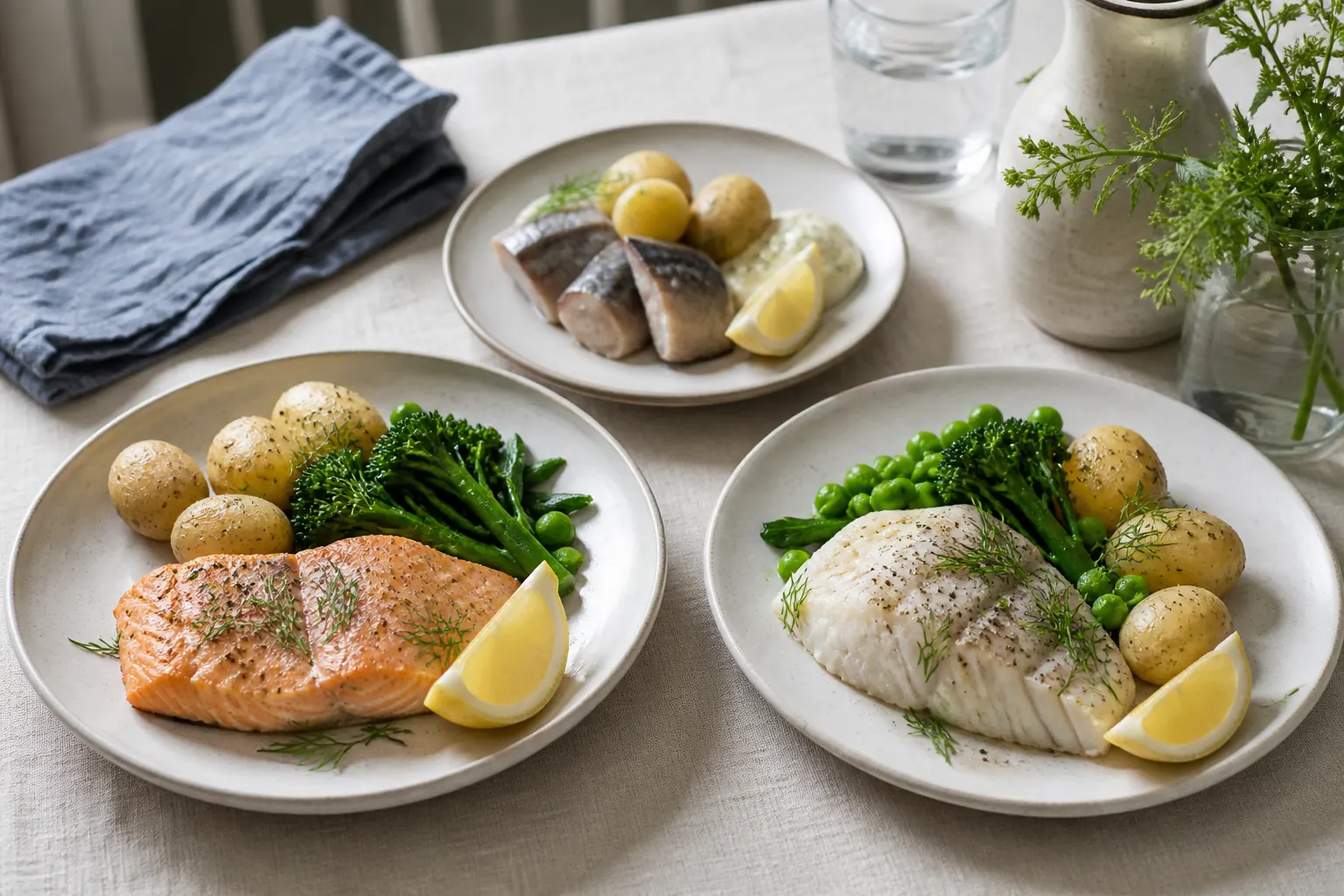 Tre vardagliga måltider med tillagad lax, sill och vit fisk, potatis och gröna grönsaker