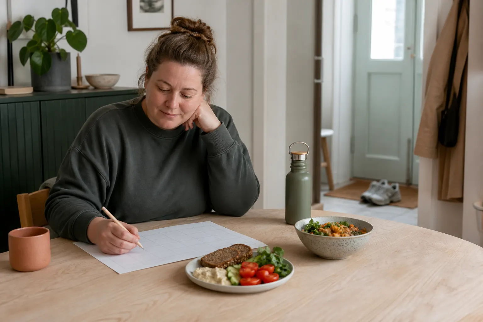 En person planerar vardagsmåltider vid ett köksbord med mat och promenadskor i närheten