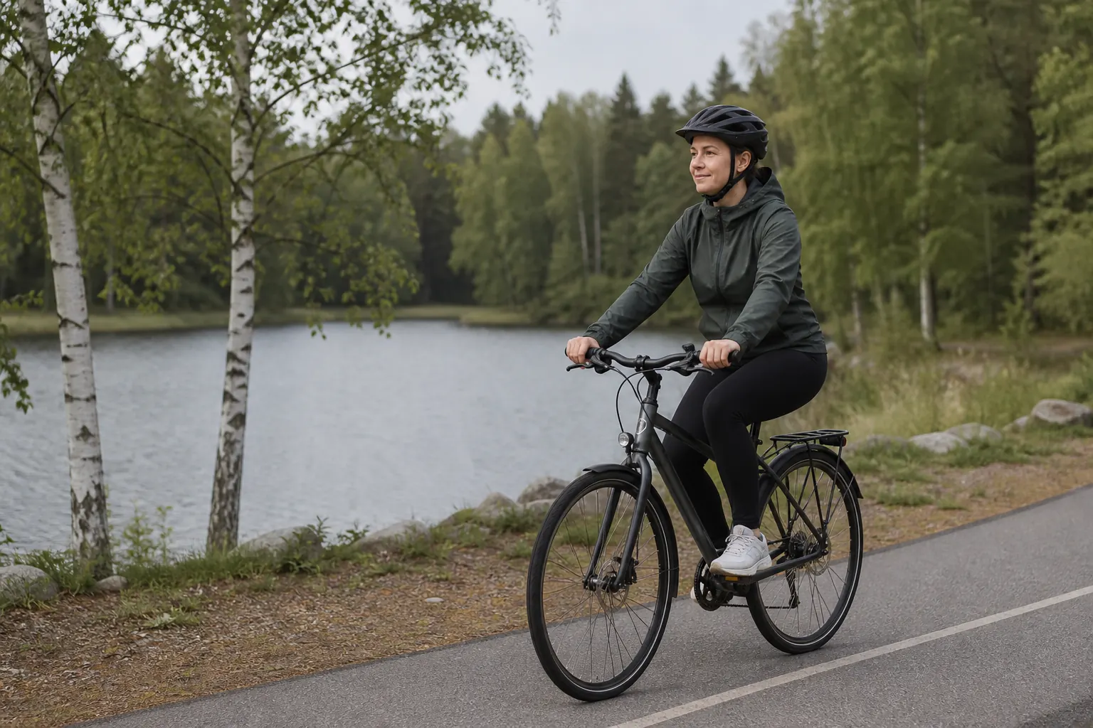 Cyklist i lugnt tempo på en asfalterad väg vid en skogssjö